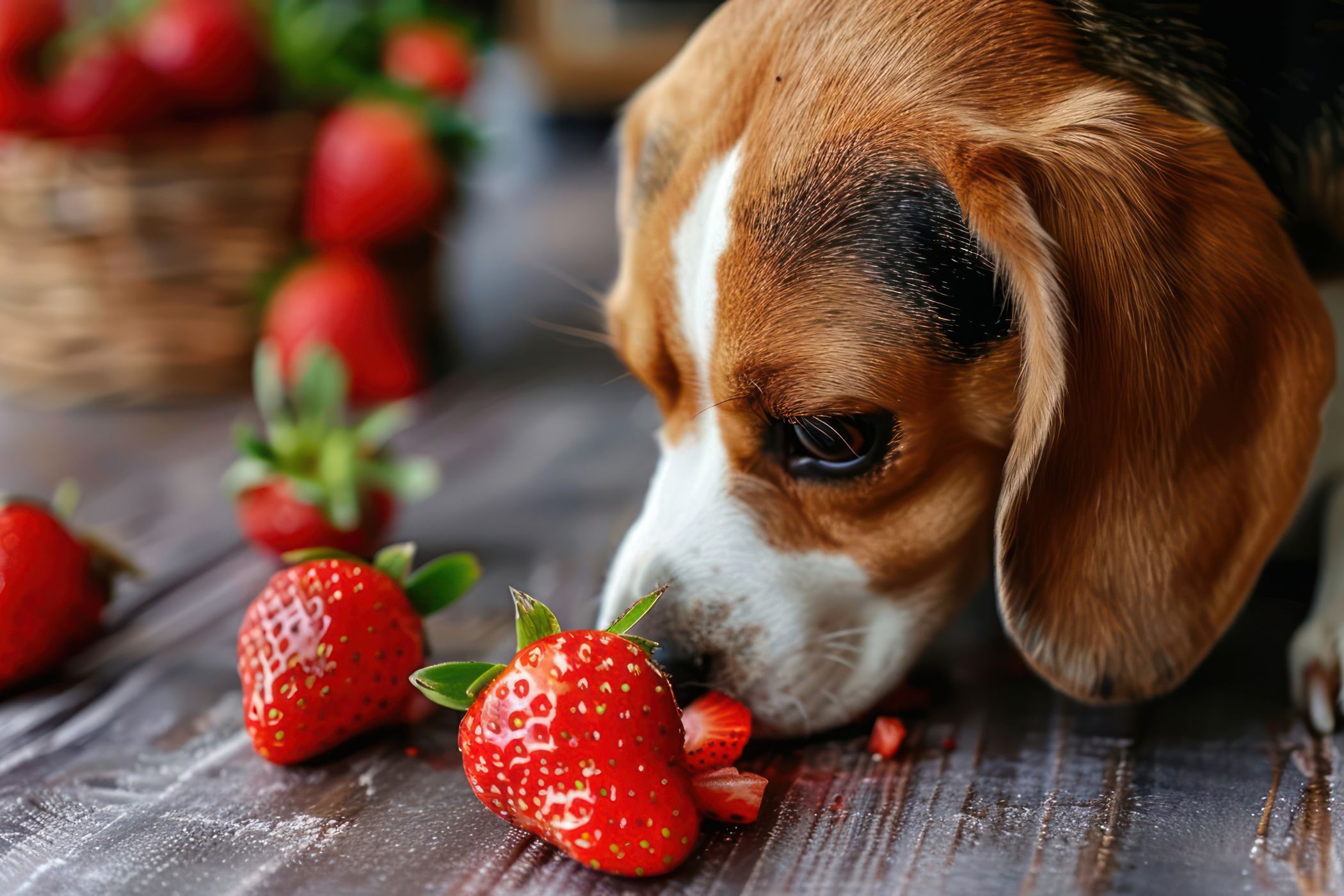 Beagle schnuppert an Erdbeeren auf dem Boden