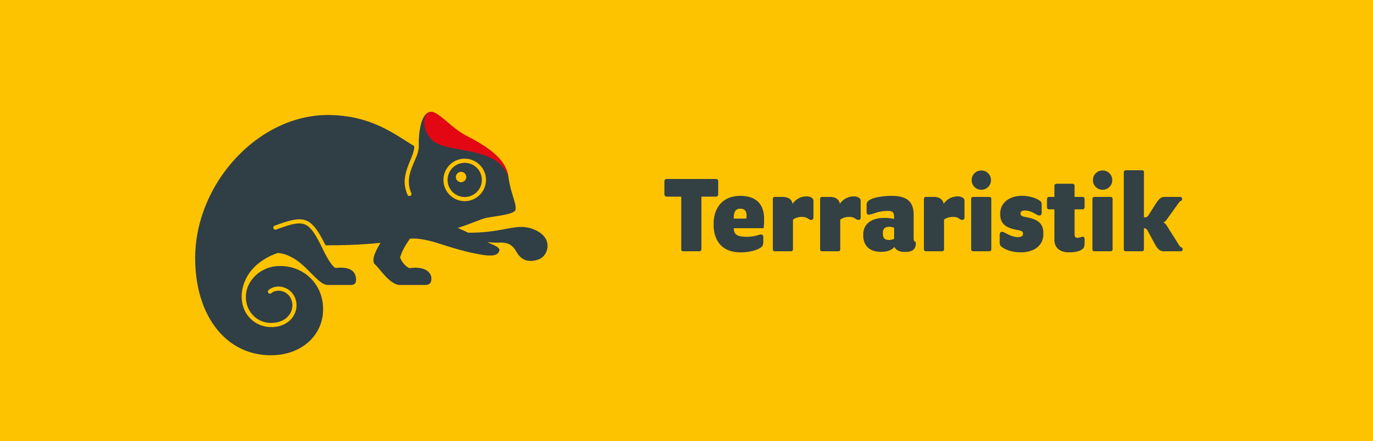 Kategorie Terraristik mit einem schwarzen Chamäleon auf gelbem Hintergrund