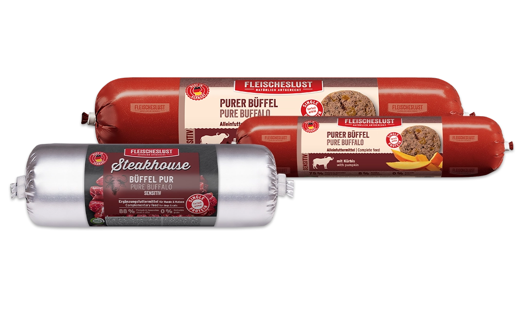Neuheiten bei DAS FUTTERHAUS: Fleischeslust Premium-Wurst mit Büffel in verschiedenen Größen